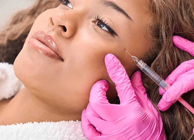 Woman receiving a facial dermal filler injection applied to her cheek